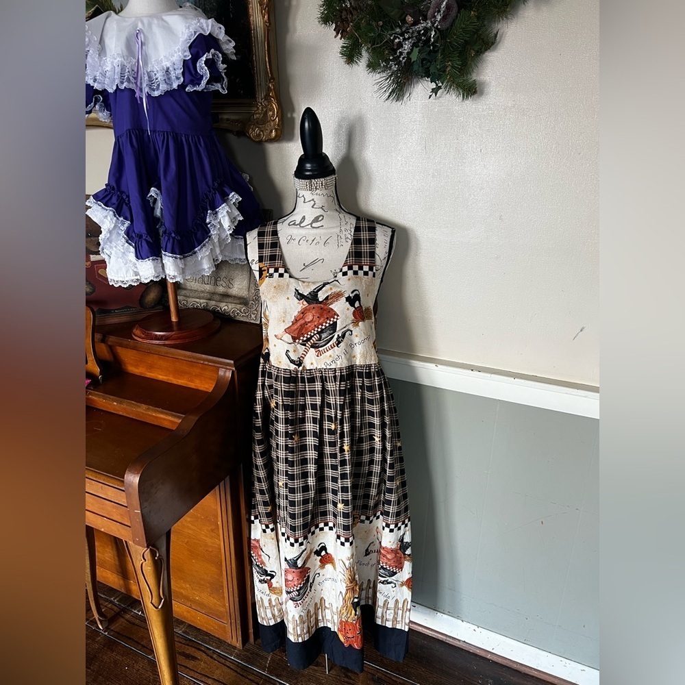 🧡 Rare Vintage Handmade Halloween Witch Black Cat Pumpkin Harvest Dress M